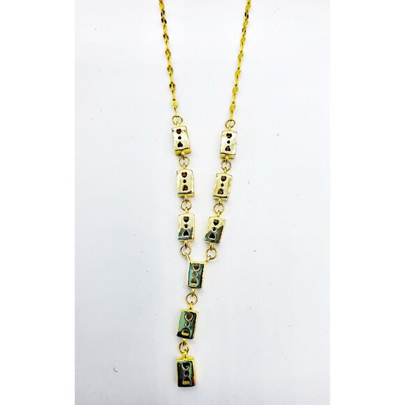 Emerald Cut Green Yellow & Clear Stones Gold Plated Y Necklace 16" NWOT - Picture 3 of 4